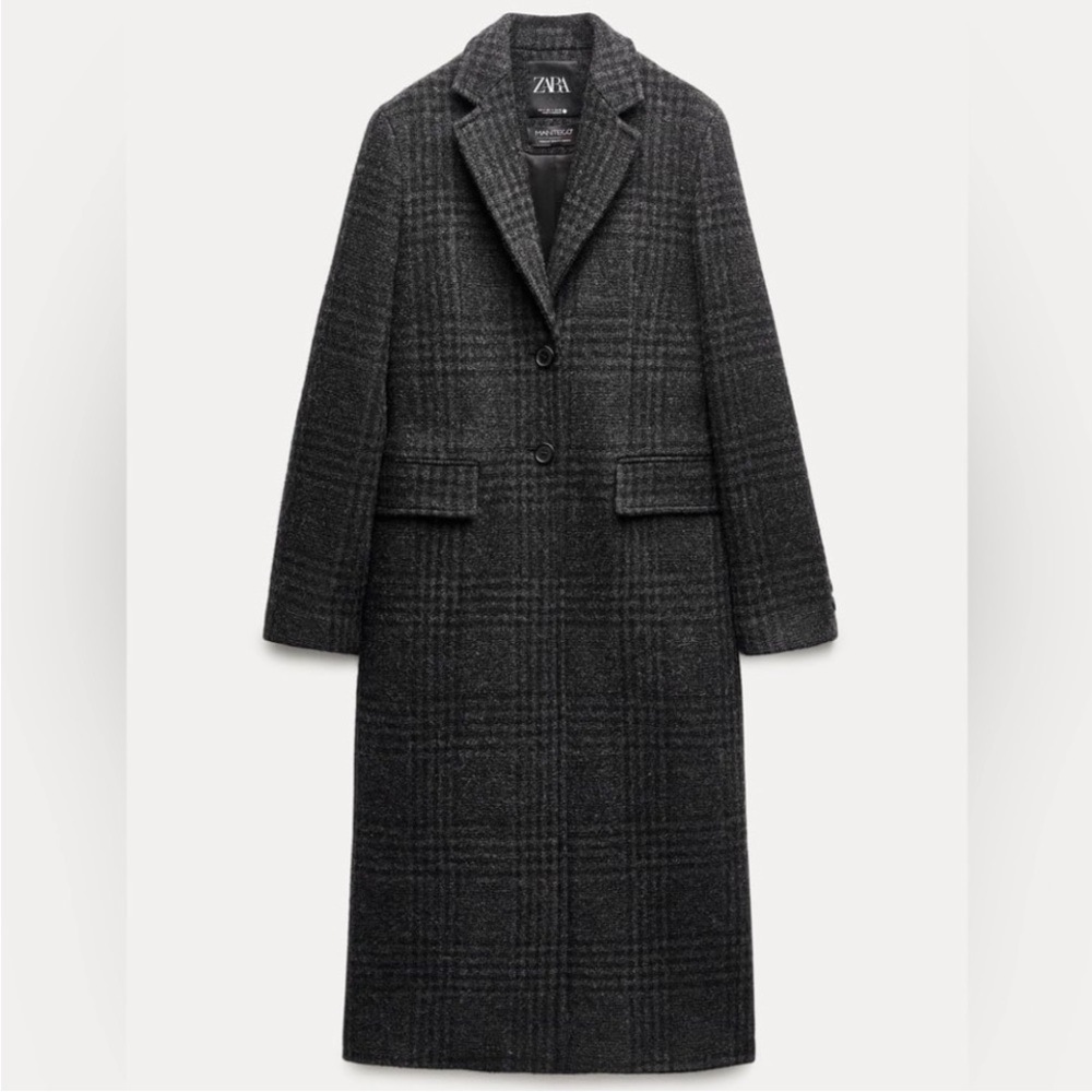 Zara Charcoal Gray Plaid Long Wool Blend Coat